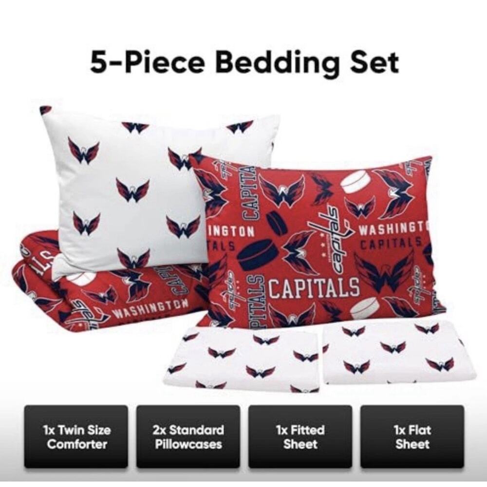 FOCO Washington Capitals NHL Team Color Bed in a Bag Comforter Bedding 5 Pc Twin - Picture 3 of 4